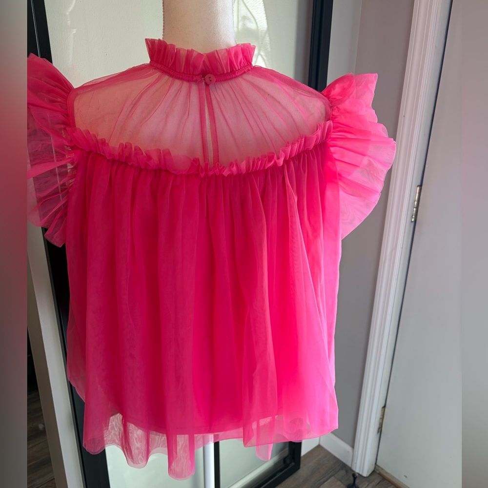 New With Tags…Boutique…Bubblegum Pink Tulle/Sheer Babydoll Top…Size Large - Picture 2 of 5